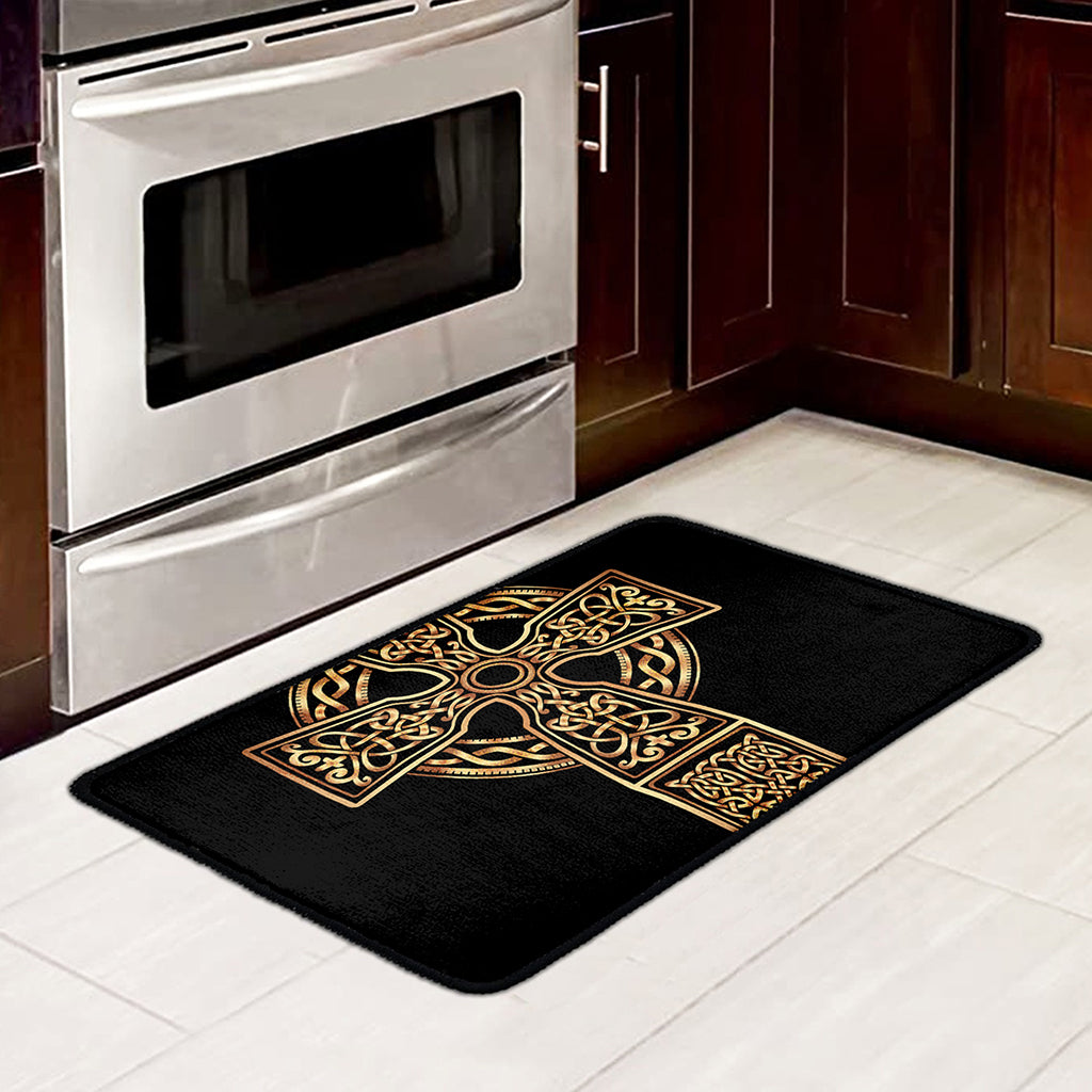Gold Celtic Knot Cross Print Kitchen Mat