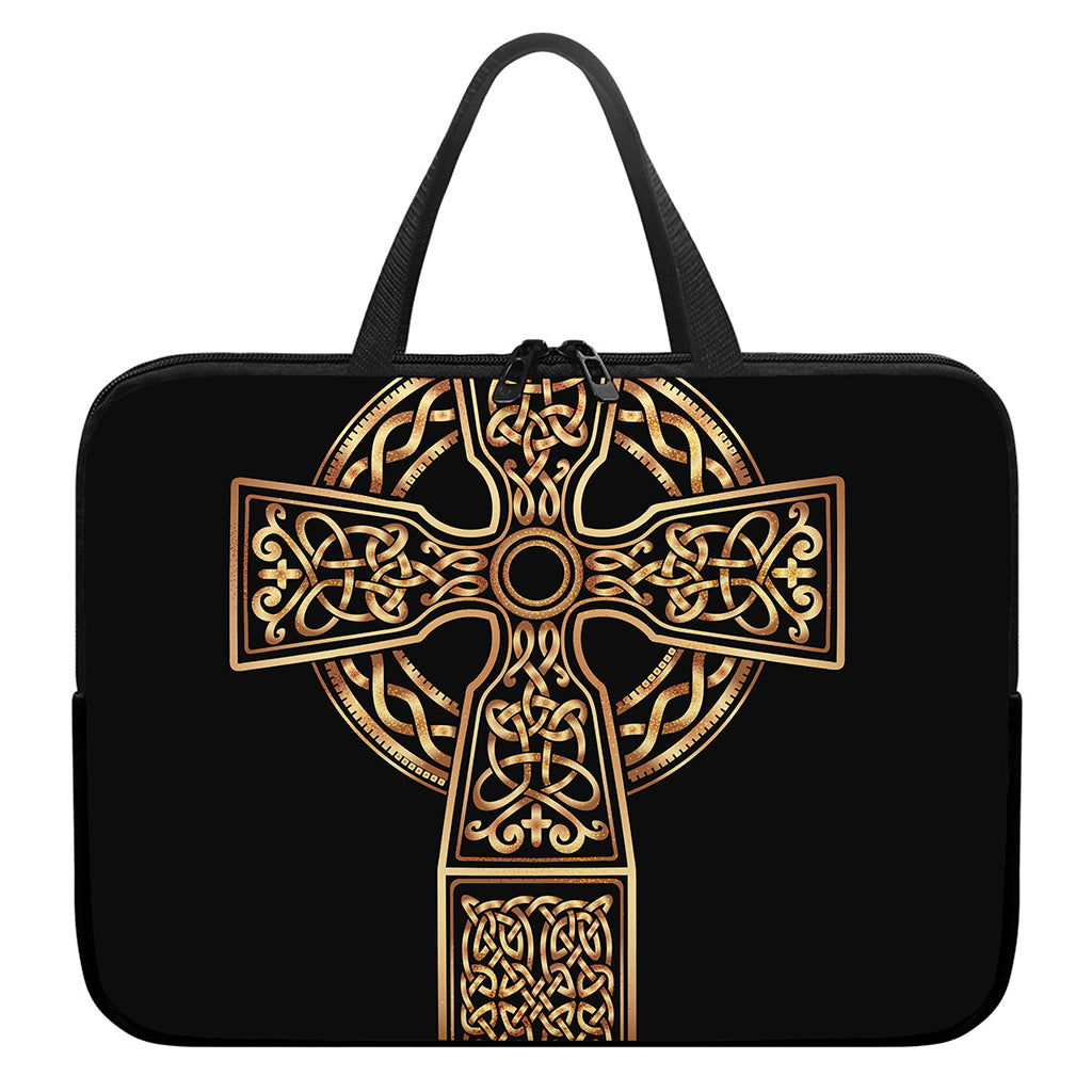 Gold Celtic Knot Cross Print Laptop Sleeve With Handle