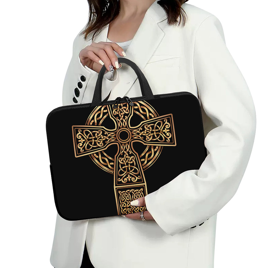 Gold Celtic Knot Cross Print Laptop Sleeve With Handle