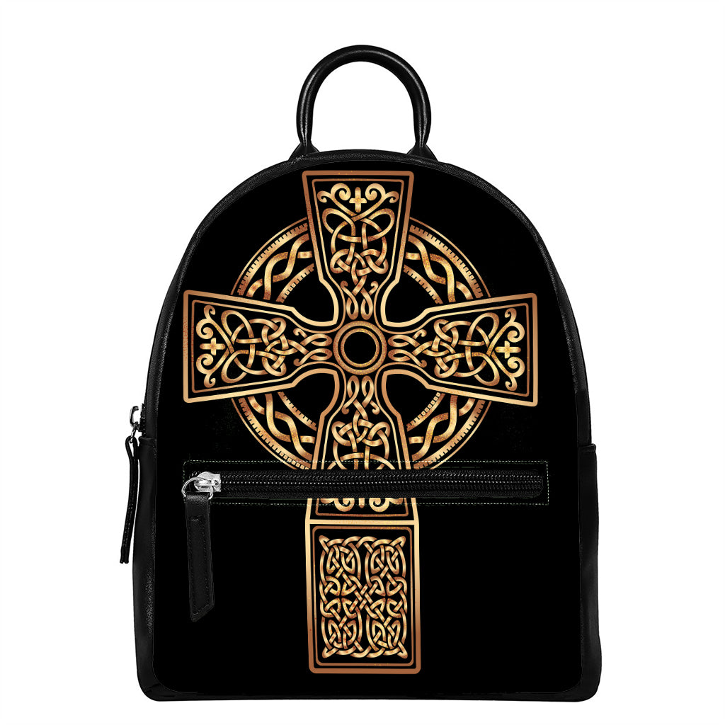 Gold Celtic Knot Cross Print Leather Backpack