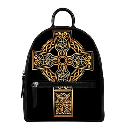 Gold Celtic Knot Cross Print Leather Backpack