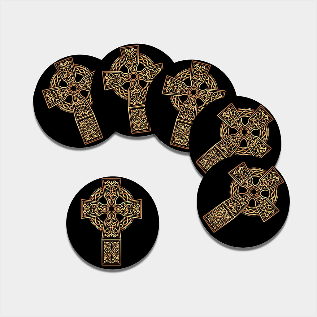 Gold Celtic Knot Cross Print Leather Coaster Set