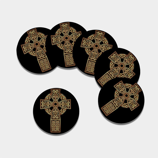 Gold Celtic Knot Cross Print Leather Coaster Set