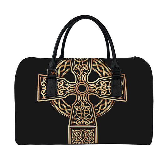 Gold Celtic Knot Cross Print Leather Duffle Bag