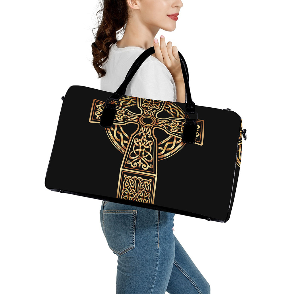 Gold Celtic Knot Cross Print Leather Duffle Bag