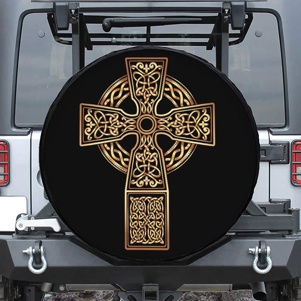 Gold Celtic Knot Cross Print Leather Spare Tire Cover