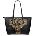 Gold Celtic Knot Cross Print Leather Tote Bag With Zipper