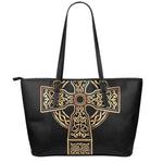 Gold Celtic Knot Cross Print Leather Tote Bag