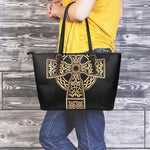 Gold Celtic Knot Cross Print Leather Tote Bag