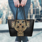 Gold Celtic Knot Cross Print Leather Tote Bag