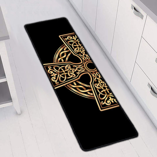 Gold Celtic Knot Cross Print Long Kitchen Mat
