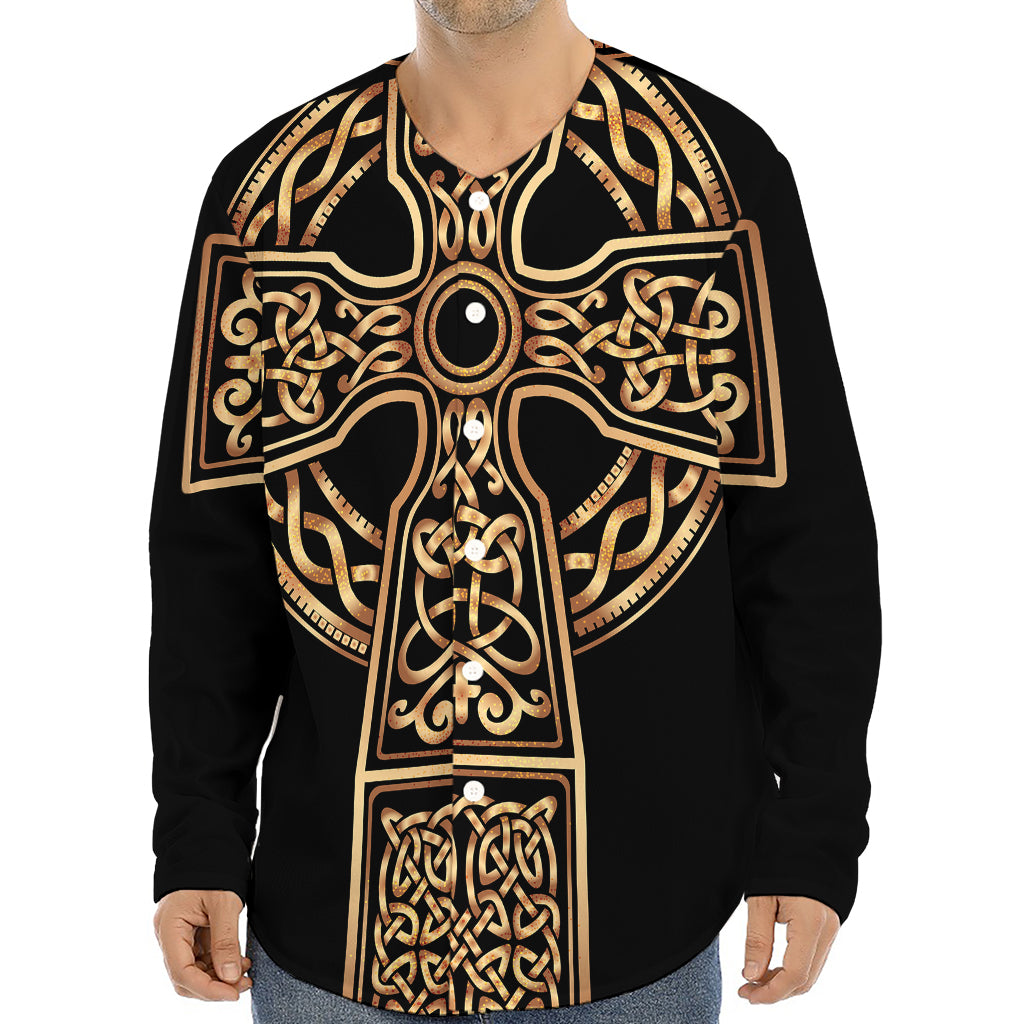 Gold Celtic Knot Cross Print Long Sleeve Baseball Jersey