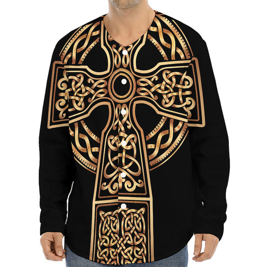 Gold Celtic Knot Cross Print Long Sleeve Baseball Jersey