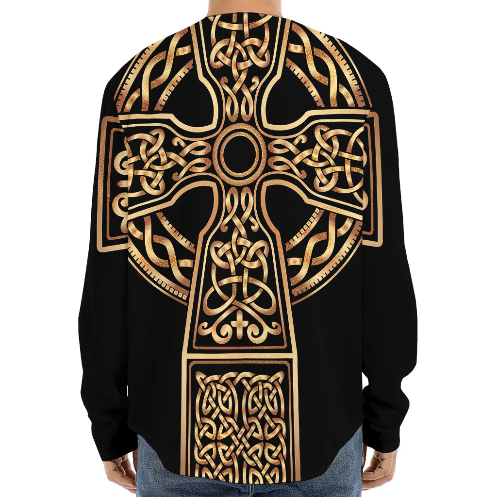 Gold Celtic Knot Cross Print Long Sleeve Baseball Jersey