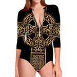 Gold Celtic Knot Cross Print Long Sleeve Swimsuit