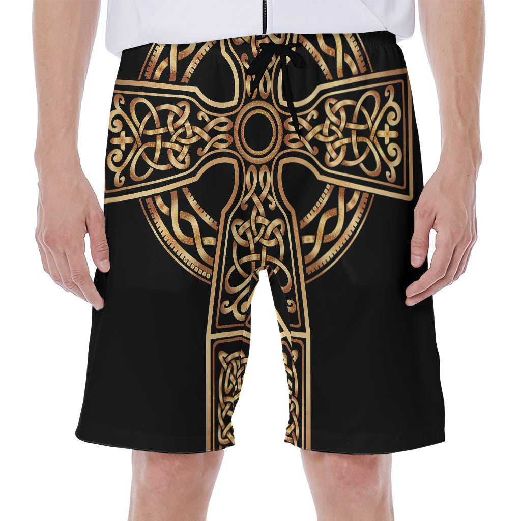 Gold Celtic Knot Cross Print Men's Beach Shorts