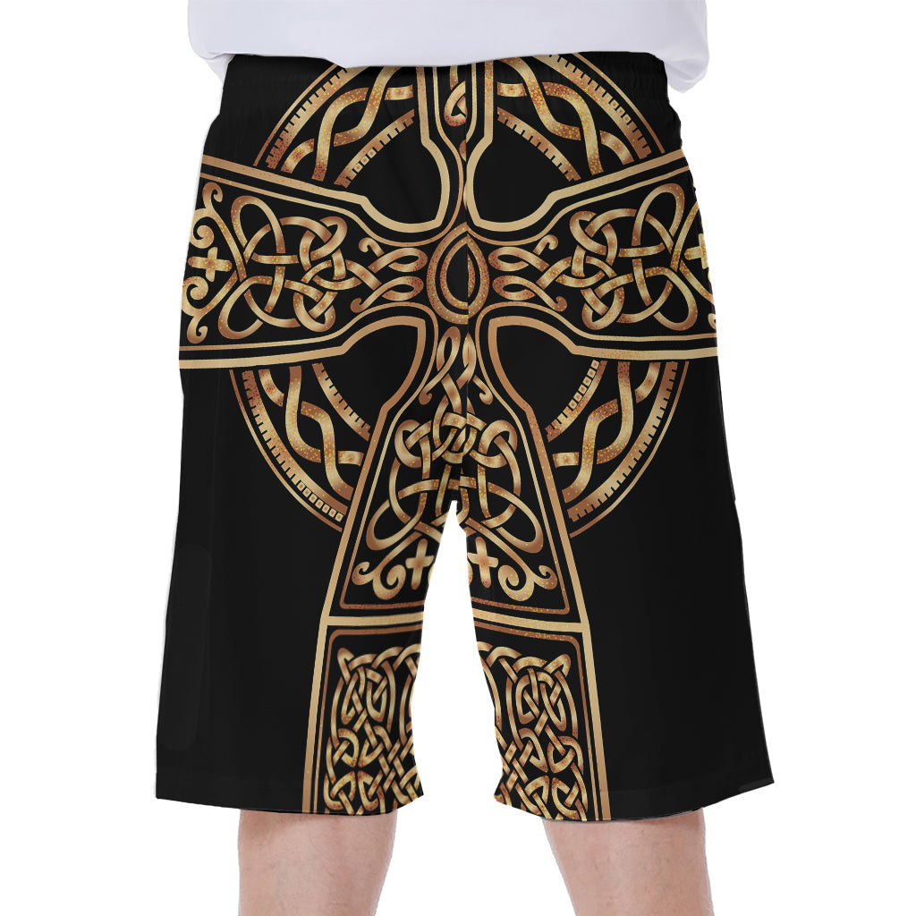 Gold Celtic Knot Cross Print Men's Beach Shorts