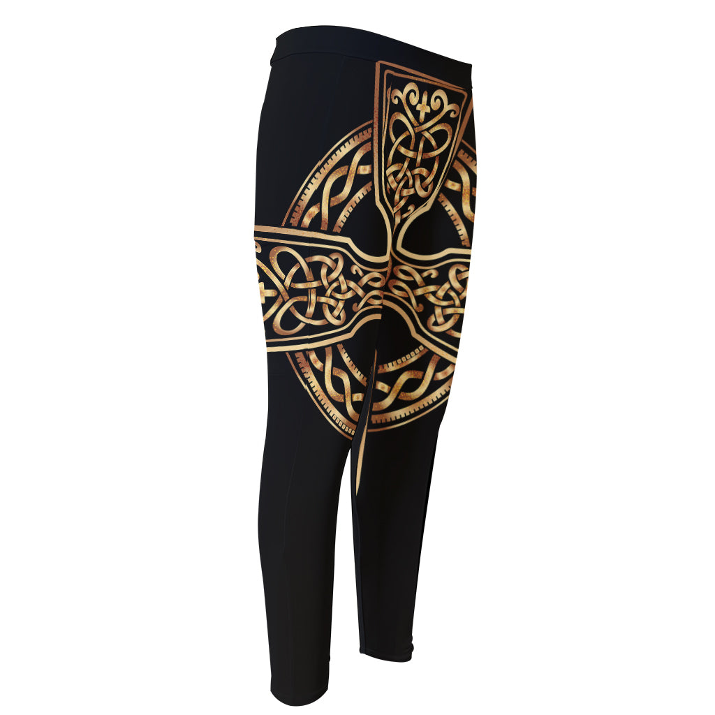 Gold Celtic Knot Cross Print Men's Compression Pants