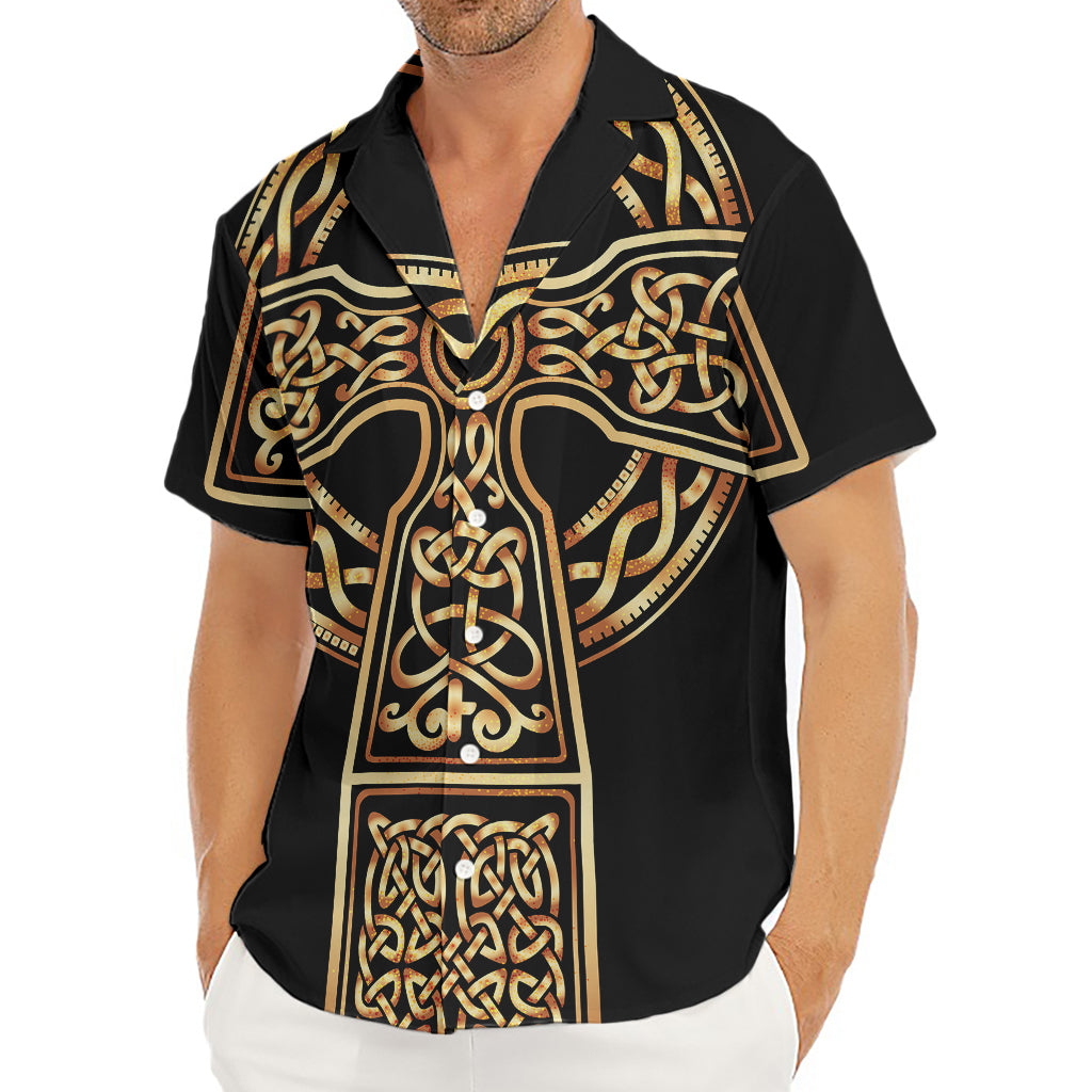 Gold Celtic Knot Cross Print Men's Deep V-Neck Shirt