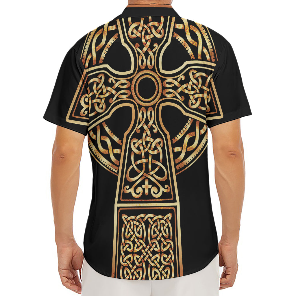 Gold Celtic Knot Cross Print Men's Deep V-Neck Shirt