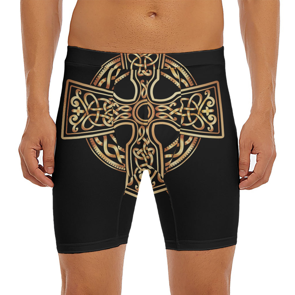 Gold Celtic Knot Cross Print Men's Long Boxer Briefs