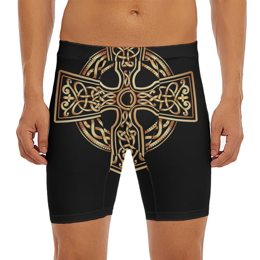 Gold Celtic Knot Cross Print Men's Long Boxer Briefs