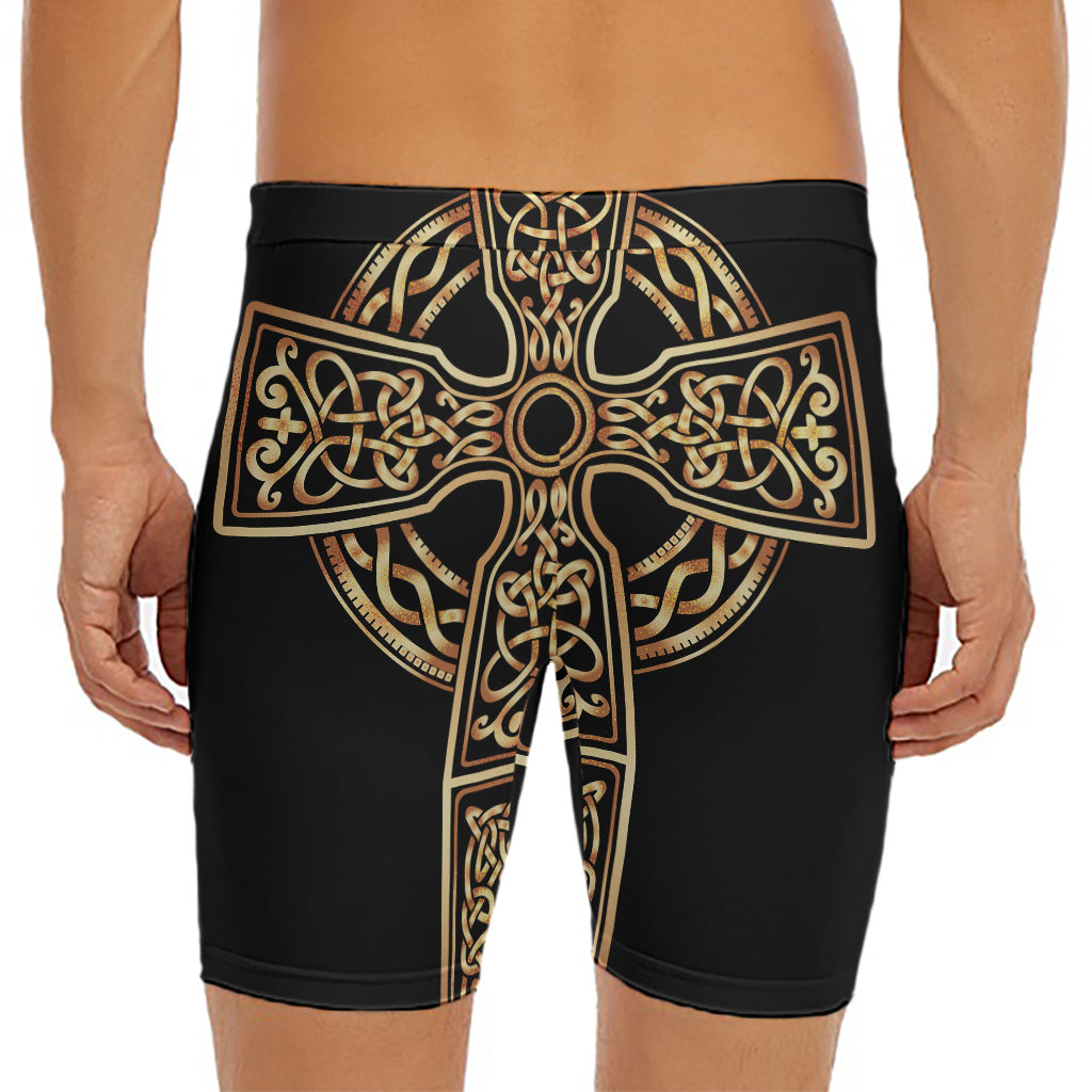 Gold Celtic Knot Cross Print Men's Long Boxer Briefs