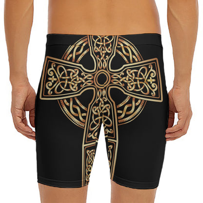 Gold Celtic Knot Cross Print Men's Long Boxer Briefs