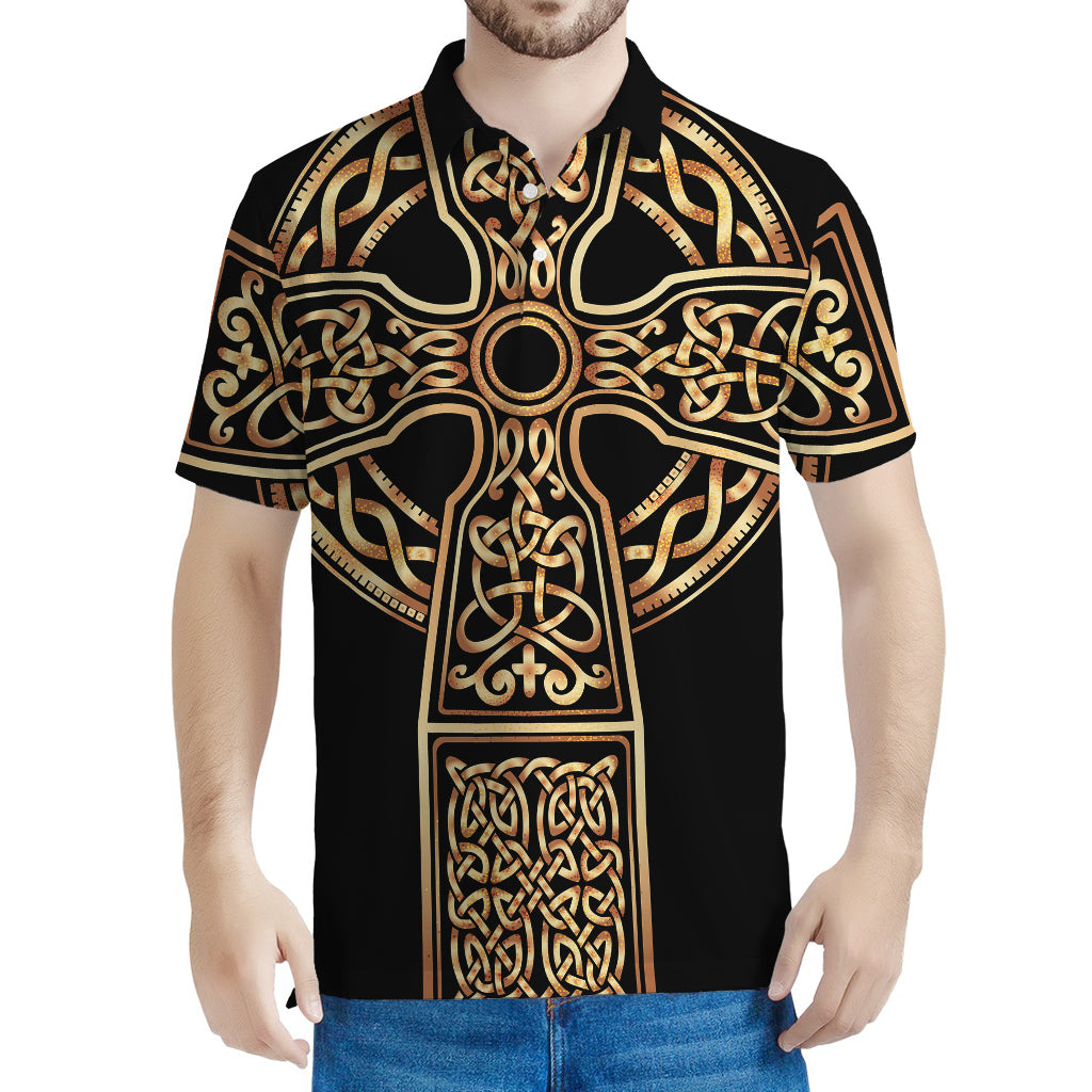 Gold Celtic Knot Cross Print Men's Polo Shirt