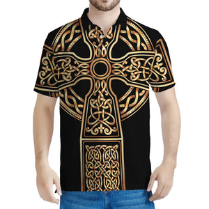 Gold Celtic Knot Cross Print Men's Polo Shirt