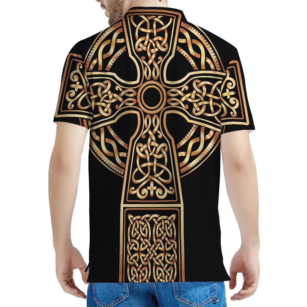 Gold Celtic Knot Cross Print Men's Polo Shirt