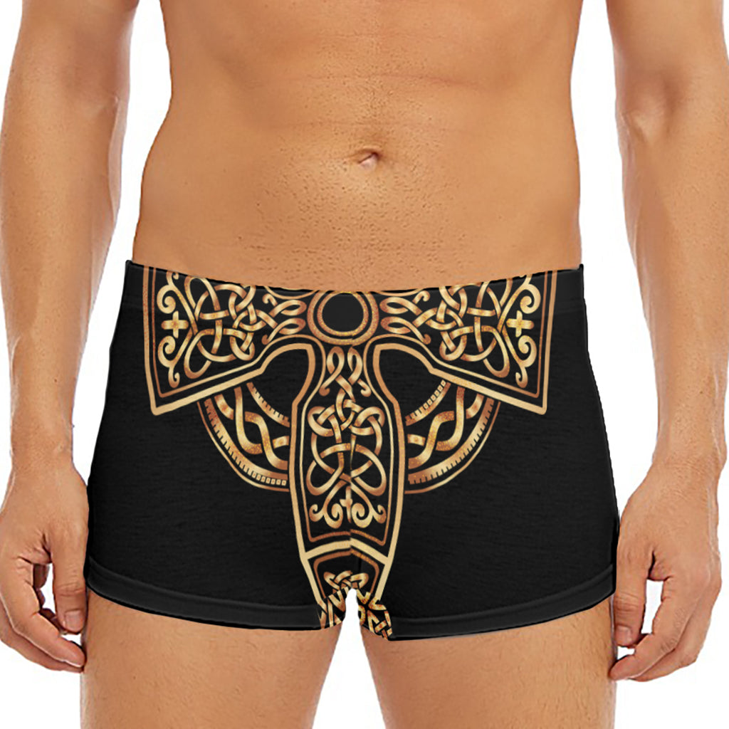 Gold Celtic Knot Cross Print Men's Short Boxer Briefs