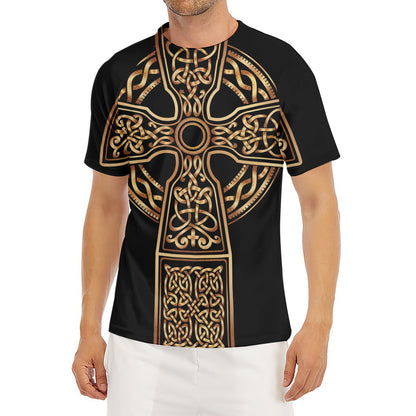 Gold Celtic Knot Cross Print Men's Short Sleeve Rash Guard