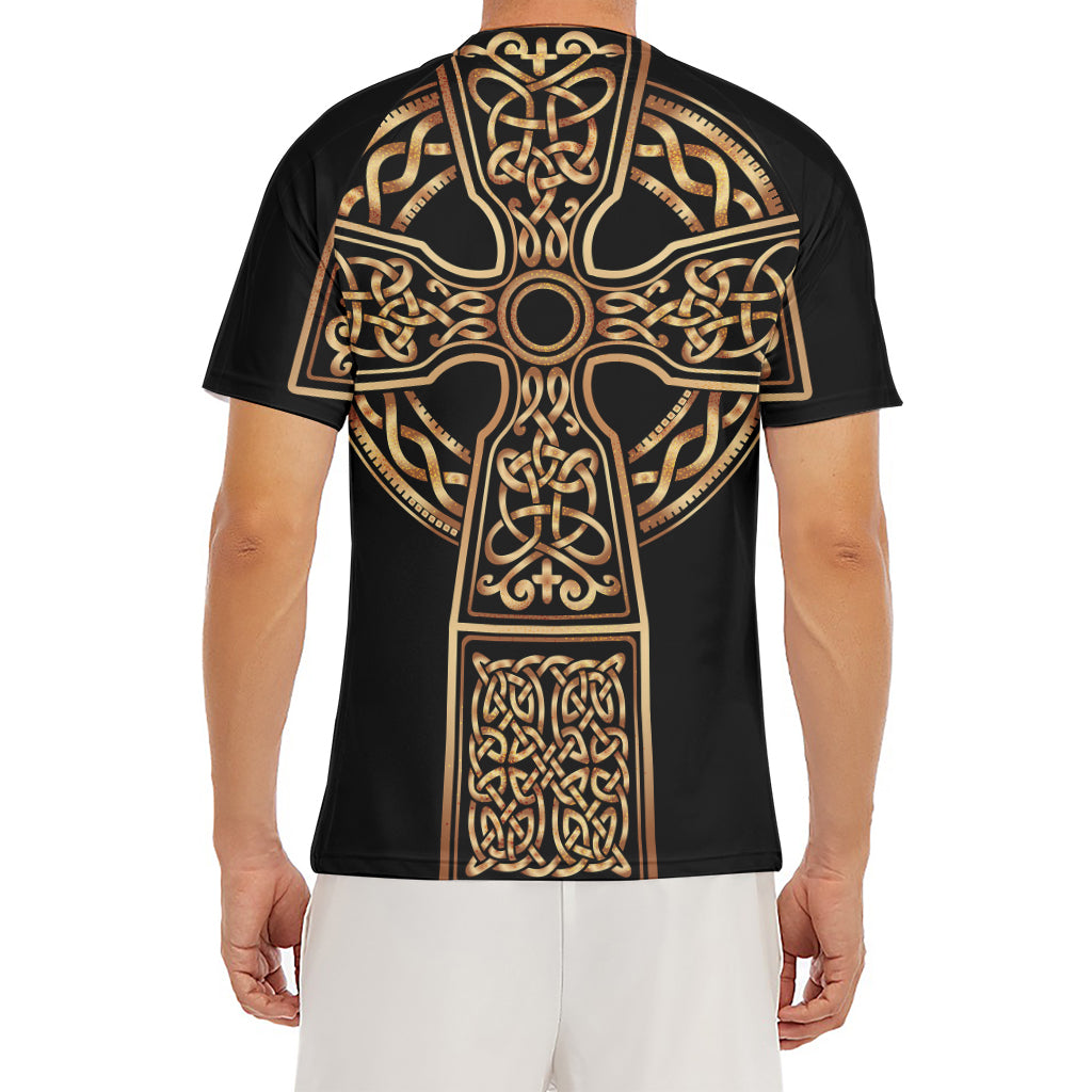 Gold Celtic Knot Cross Print Men's Short Sleeve Rash Guard
