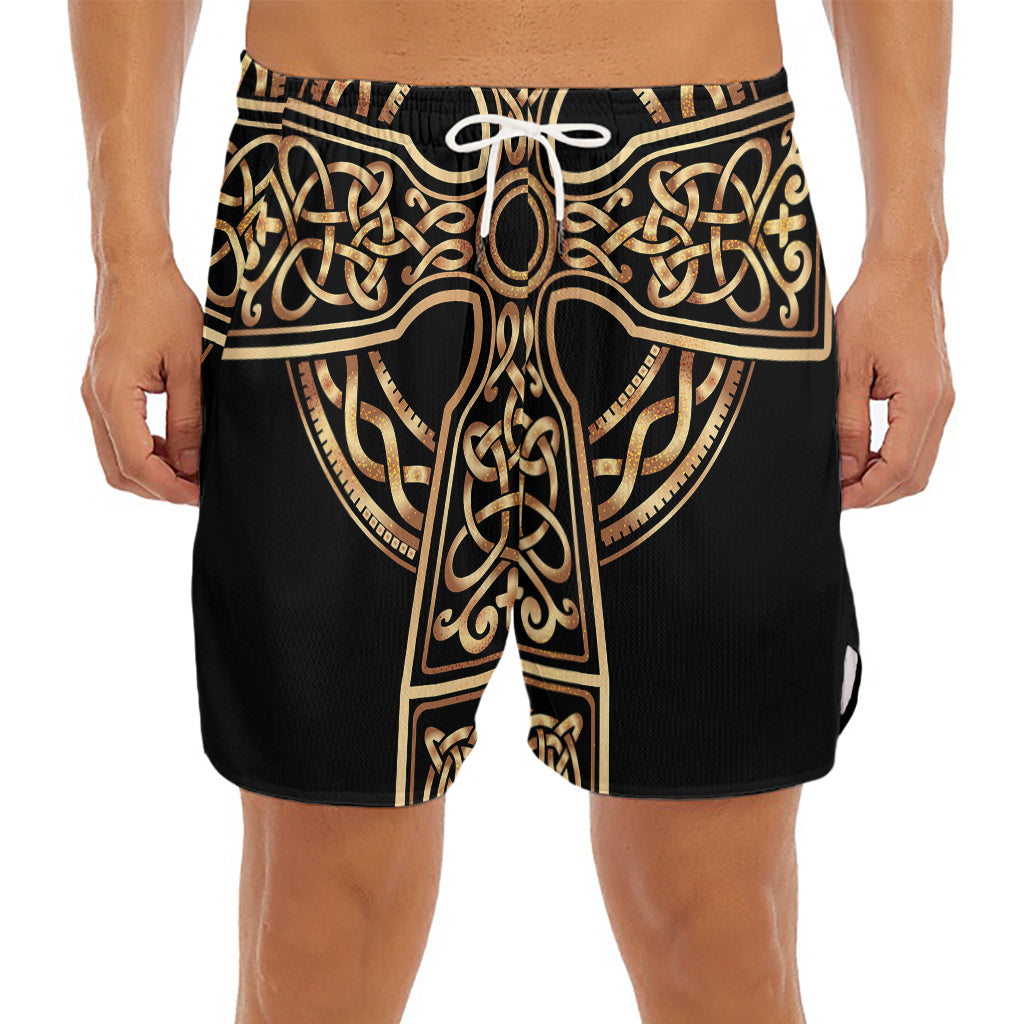 Gold Celtic Knot Cross Print Men's Split Running Shorts