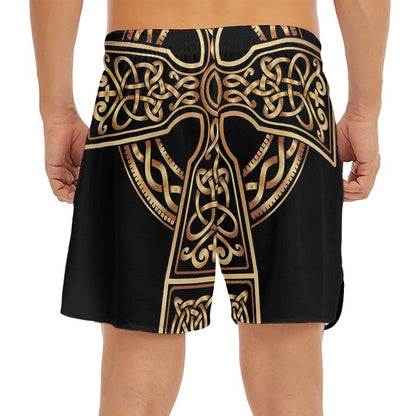 Gold Celtic Knot Cross Print Men's Split Running Shorts