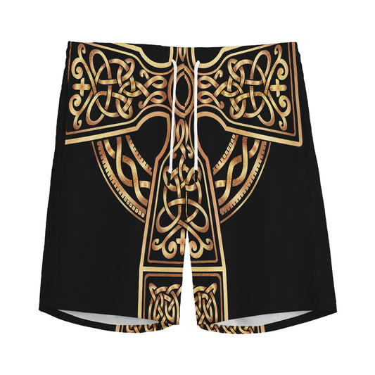 Gold Celtic Knot Cross Print Men's Sports Shorts