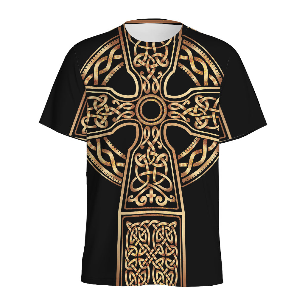 Gold Celtic Knot Cross Print Men's Sports T-Shirt