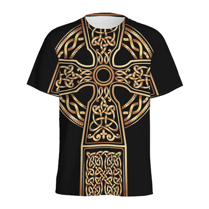 Gold Celtic Knot Cross Print Men's Sports T-Shirt