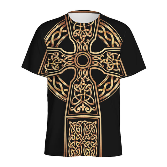 Gold Celtic Knot Cross Print Men's Sports T-Shirt