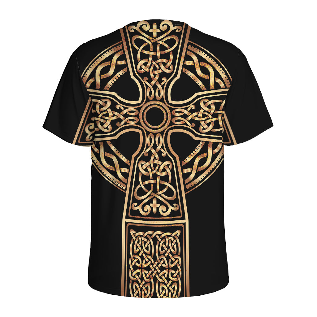 Gold Celtic Knot Cross Print Men's Sports T-Shirt