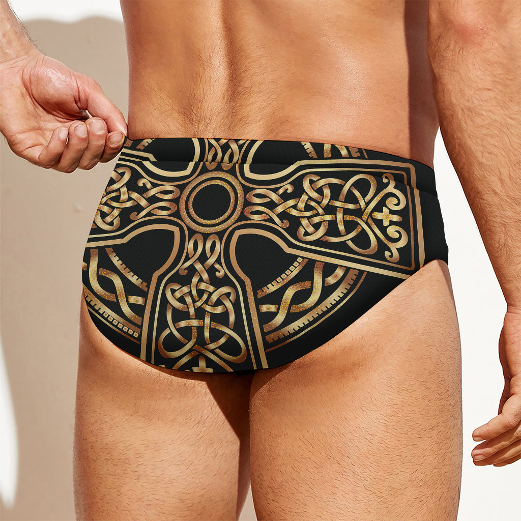 Gold Celtic Knot Cross Print Men's Swim Briefs