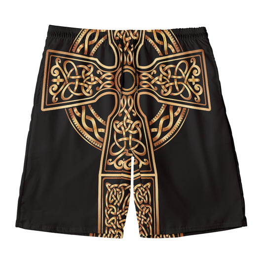 Gold Celtic Knot Cross Print Men's Swim Trunks