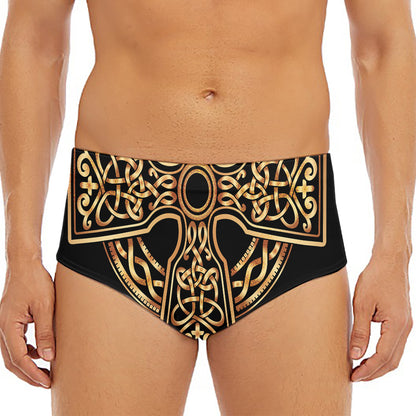 Gold Celtic Knot Cross Print Men's Triangle Swim Briefs