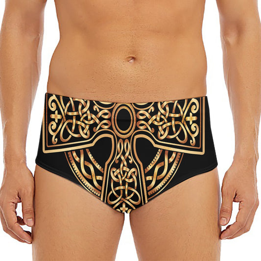 Gold Celtic Knot Cross Print Men's Triangle Swim Briefs