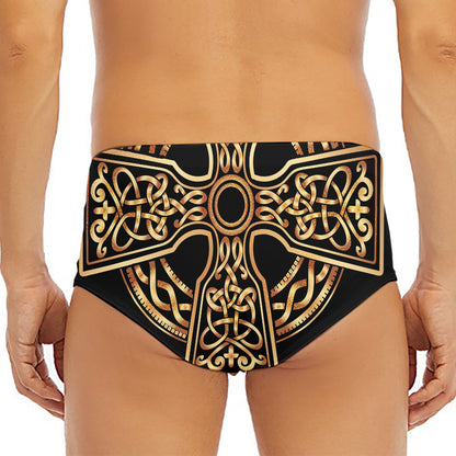 Gold Celtic Knot Cross Print Men's Triangle Swim Briefs
