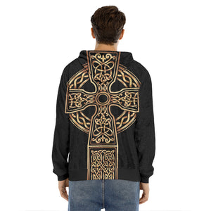 Gold Celtic Knot Cross Print Men's Velvet Pullover Hoodie