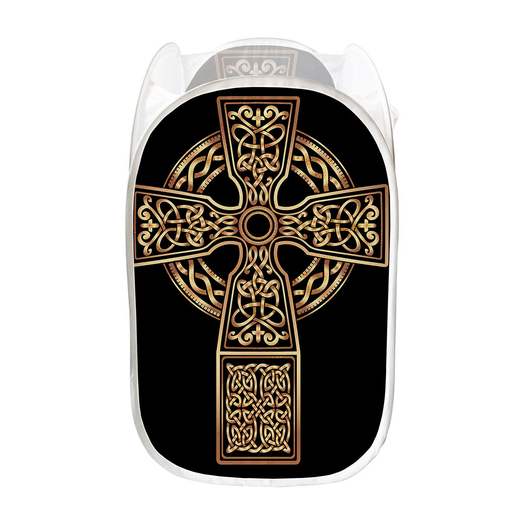 Gold Celtic Knot Cross Print Mesh Laundry Hamper