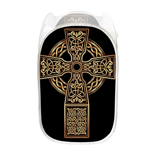 Gold Celtic Knot Cross Print Mesh Laundry Hamper