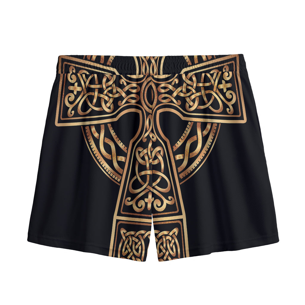 Gold Celtic Knot Cross Print Mesh Shorts